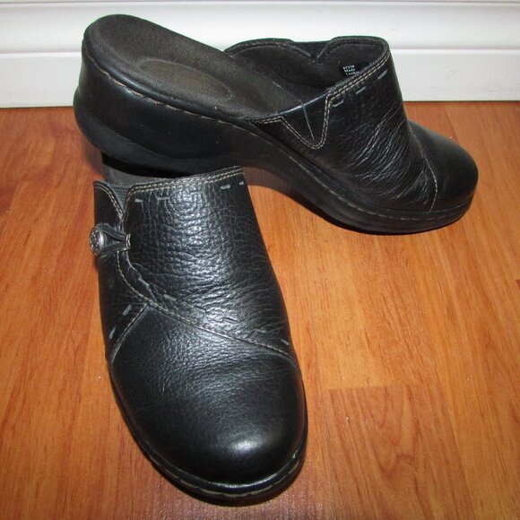 CLARKS Black Leather Bendables Mules - Sz 7 - Picture 1 of 11